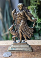 Antique Brass Woman / Goddess Hunting Dog Flatback Mantel Small Ornament 