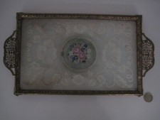 VINTAGE VANITY DRESSING TABLE TRAY PETITE POINT EMBROIDERED ROSE LACE DECORATION