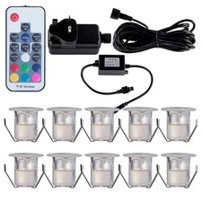 SET OF 10 - 30mm RGB PATIO DECK PLINTH LIGHTS IP67 LED REMOTE COLOUR CHANGING