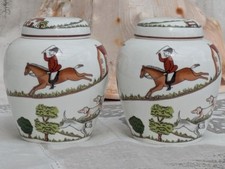 Pair Crown Staffordshire Hunting Scene Hunter Horses Dogs Ginger Jars & Cover 4"