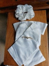 White Embroidered Silky Riding Competition Stock With Classic Gold Pin & Scunchy
