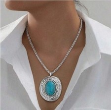 Zara silver necklace chain with a large antique turquoise pendant medallion sale