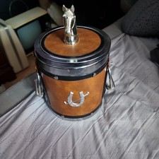 Vintage Equestrian 1970s Horse Theme Ice Bucket Leather Covered Retro Cooler
