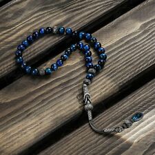 1000 Ct Silver Turkish Kazaz Blue Tiger's Eye Islamic 33 Prayer Beads Tasbeeh