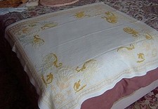 = VINTAGE TABLE COVER - CROSS STITCH ON BINCA FABRIC - FADED SHABBY CHIC   [A45]