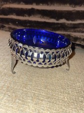 Vintage Cobalt Blue Glass And Chrome Sugar Bowl Fret Work Stand Art Deco