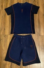Trapstar Irongate T T-Shirt Top & Sweatshorts Set Blue & Black Red Trim UKM