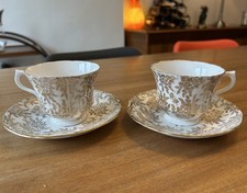 2 x Vintage Royal Vale 1950s China Teacups & Saucers Gold Chintz *