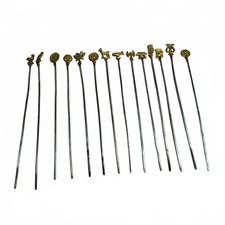 Set of 14 Antique Steel Metal Skewers with Brass Finials
