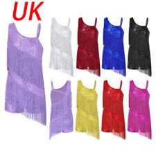 UK Girls Shiny Sequins Fringe Tassel Leotard Dress Tango Ballroom Dance Costume