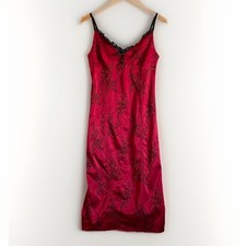 Lipsy Red Long Satin Cami Dress Floral Lace Trim Size M / L