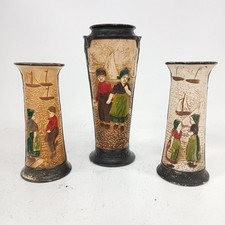 Vintage Bretby Pottery Dutch Vases x3 Girl Boy Sail Boats Nautical RMF30-SJT