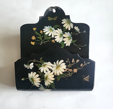 Vintage Antique Letter Rack Wall Mounted Victorian Papier Mache Black Floral