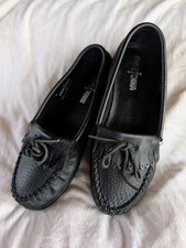 Minnetonka Deerskin Kilty Moccasins Fringe Shoes Black Real Leather UK 6 