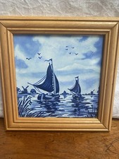 Vintage Framed Delft Style Ceramic Tile, Hand Painted Blue Delft Style Boat Tile