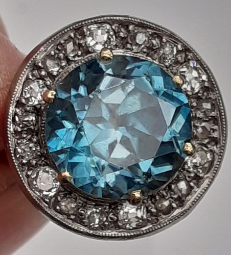Blue zircon and diamond ring - blue,