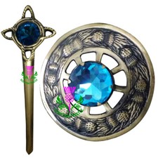 Scottish Fly Plaid Brooch Sky Blue Stone Antique Finish Pin & Brooches (8 cm)