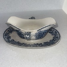 Vintage Blue & White Pottery Gravy Boat & Fixed Stand ,  British scenery 