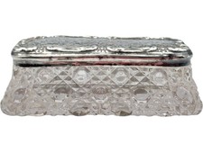 Glass Trinket Box Hallmarked Silver Lid Ornate Design Birmingham 1909 RD.434934