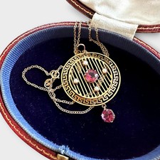 Belle Epoque 9ct Gold Pink Paste & Pearl circle pendant