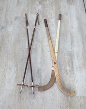 Vintage wooden bamboo & leather ski poles & ice hockey sticks Hazells Colombo