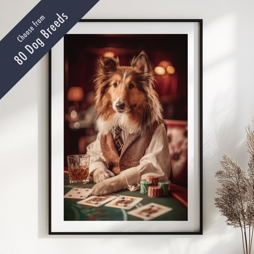 Funny dog playing - poker, print
