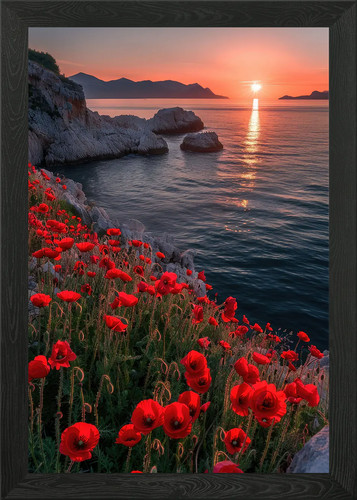 Poppy field sea sunset framed - field,