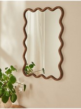 Rectangle Wiggle Wall Mirror Natural Brown Wooden Wavy Frame Clear Glass 70x45Cm