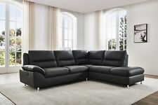 Black High Grade Genuine Real Leather Corner Sofa RH Facing + USB  TUSCANY