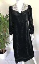 Vintage Antique 1910s True Edwardian Black Velvet Dress, Lace Collar, M