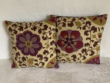 PAIR NEW 14” cushion covers Sanderson Zahra flowers aubergine & plain blue 