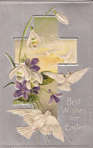 Easter wishes cross doves - -,