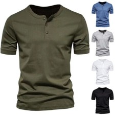 Mens Summer Solid Button V Neck T Shirts Henley Casual Short Sleeve Baggy Tops  