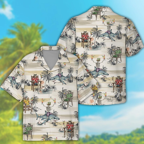 Skeleton shark hawaiian shirt - hawaiian,