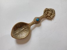 Vintage Tibetan Brass Medicine Spoon with Turquoise Center Lots of Detail 11cm