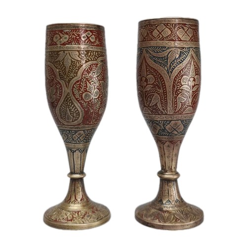 Pair etched enameled brass - etched,