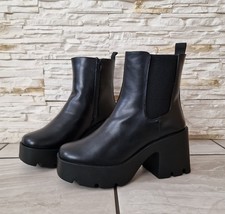 Womens Black Block Heel Ankle Boots Platform Zip Faux Leather Chunky Heel Shoes