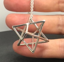 Merkaba star Sterling Silver Pendant, necklace, long (30") Chain, New. Gift box.