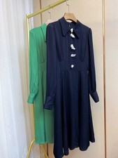 LK Bennett Dress with Collar Viscose Silk Green Navy Blue Sparkling Buttons Knee