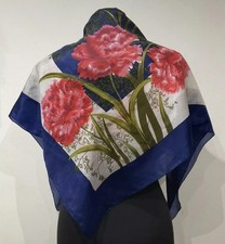 Vintage Floaty Silk Blue & White Scarf Red Carnations Red Colour Bleed 82cm