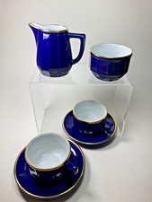 2 Blue Apilco Espresso Coffee Cups and Saucers with jug and sugar bowl.
