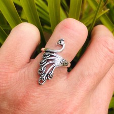 925 Sterling Silver Ring Peacock Feather Promise Band Ring Statement Ring Size O