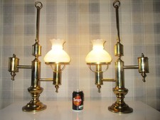 LARGE PAIR OF SOLID BRASS VICTORIAN STYLE STUDENT DESK LAMPS + GLASS SHADES