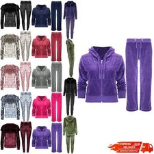 Womens Ladies Hooded Velvet Velour Jogging Bottom Top Loungewear Tracksuit Set