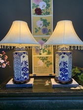 Blue and White Hexagonal Porcelain Lamp 65cm Butterfly & Peony Garden Design