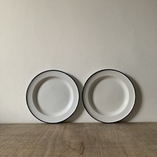 Vintage Yugoslavian Enamel Plates x2 Serving Dish White Blue Camping Kitchenalia