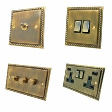 Georgian Rope Edge Antique Brass Plug Sockets Light Switches Dimmers Full Range