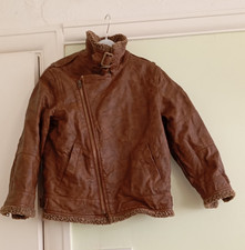AGE 6 YEARS ZARA BOYS BROWN AVIATIOR FAUX LEATHER JACKET OFF CENTRE ZIP