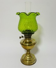 Antique Victorian Brass Oil Lamp with Burner Chimney & Green Glass Shade