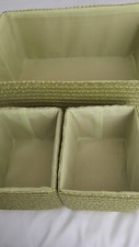 Set of 3 wicker style storage boxes. Green, excellent condition. 1 large 2